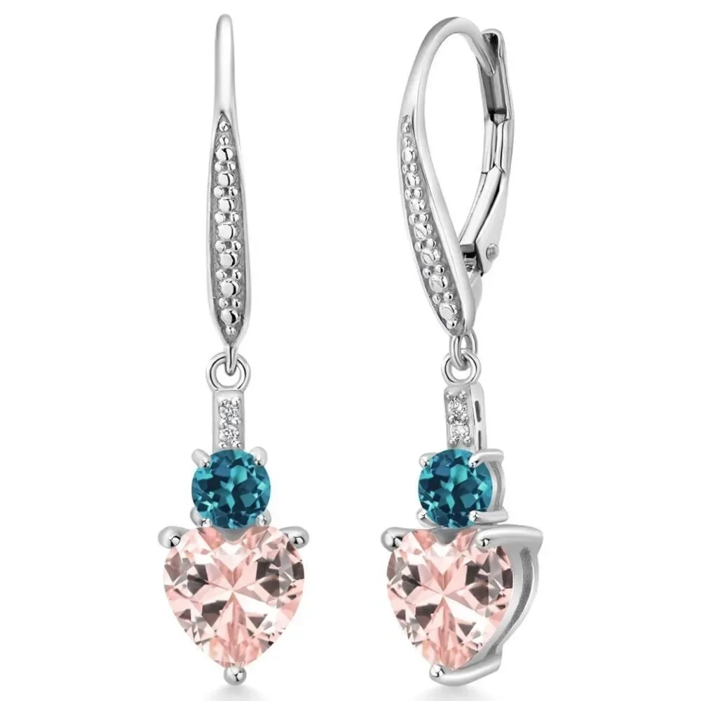 925 Sterling Silver with 3.19Cttw Peach Morganite and Blue Topaz Heart Earrings